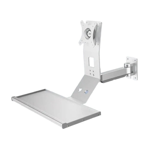 Get Your Workspace Legit With This Premium Monitor Mount Built To Fit Wall Or Desk Surfaces Offering Effortless Angle Adjustment And Robust Stability So You Can Focus On Your Hustle Without Neck Strain Or Screen Wobble From This Top Tier Accessory - Silver wall mount with adjustable arm for monitor mounting.