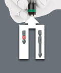 Universal Bit Holder With 1/4 Inch By 75 mm Shaft, One Hand Bit Change Quick Spin Chuck in hand showing insert bit compatibility.