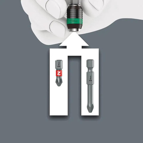 Universal Bit Holder With 1/4 Inch By 75 mm Shaft, One Hand Bit Change Quick Spin Chuck in hand showing insert bit compatibility.