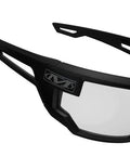 Mechanix Wear Type-X safety glasses, front view; black frame, clear anti-fog polycarbonate lenses, ventilated temples.