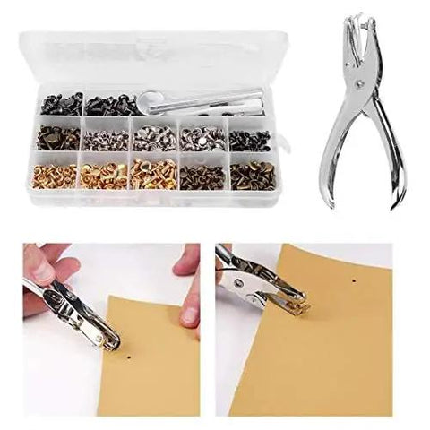 Heavy Duty Double Sided Rivet Plier Kit With 240 Piece Leather Snap Fastener Collection and three sizes of brass press studs, shown with pliers.