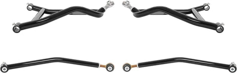 Rear Radius Arms High Clearance For Maverick DPS XMR XRS MAX 2013 2016 Upgrade A Arms With 1.5 Inch Additional Clearance And Heavy Duty Steel Construction Fits Up To 30 Inch Tires Off Road Upgrade Accessory black steel rear radius arms shown from top and side