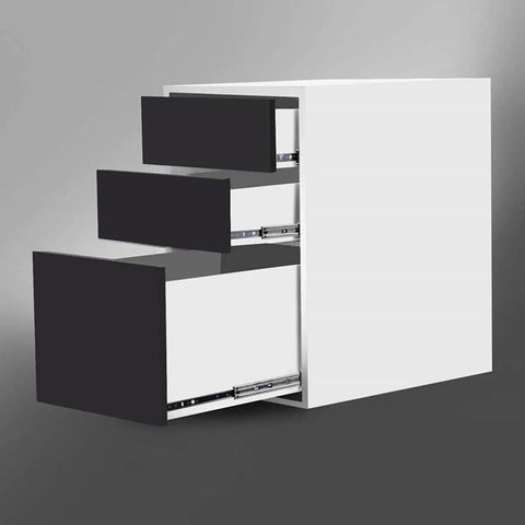 Pair Of 15 Inch 3 Section Full Extension Ball Bearing Drawer Slides Side Mount With Rust Resistant Steel Silent Operation 100 Lb Capacity Heavy Duty Drawer Slides For Kitchen Cabinets And Furniture installed in a white cabinet with drawers extended