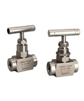 Front view: 2 stainless steel needle valves, G1/4, 316L, through-plate type, 6000 psi