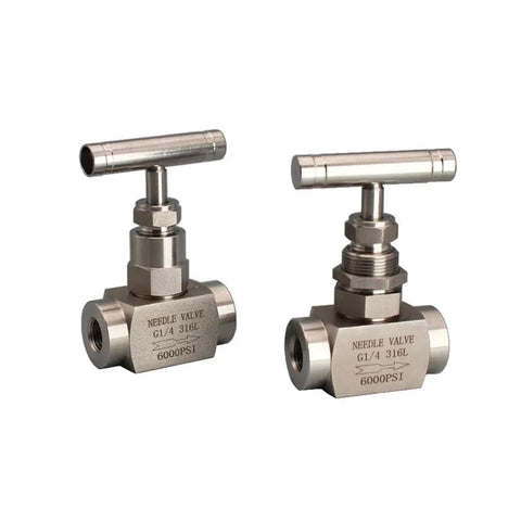 Two stainless steel needle valves with T-handles, G1/4 316L, 6000 PSI, through-plate type with female threads.