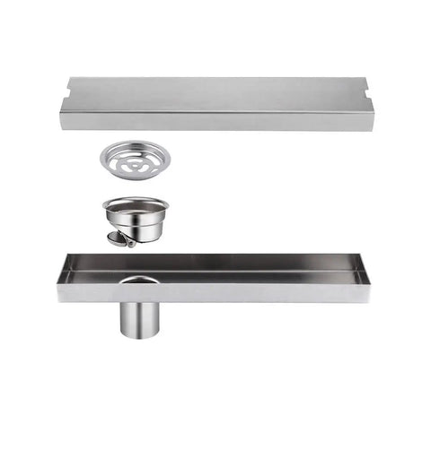 Linear Shower Drain With Plate Cover Or Tile Insert, 12 Inch Rectangle Floor Drain With Offset Side Outlet, Brushed Stainless Steel