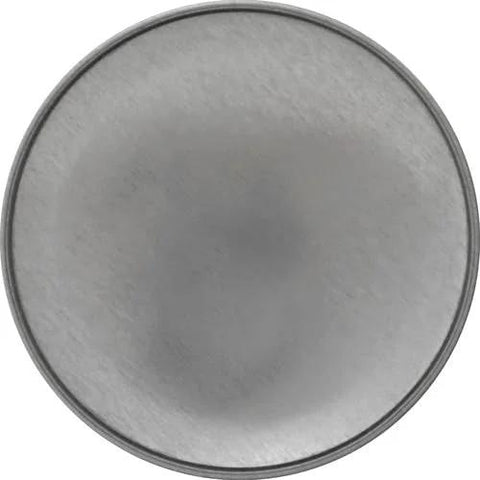 Round stainless steel can lid; top-down view with brushed metal finish