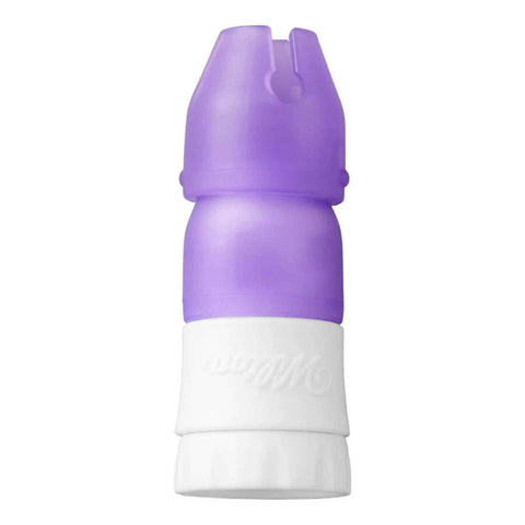 Twist Quick Decorating Coupler 4 Piece Set For Cakes And Icing, Easy Tip Change On The Fly With One Turn, shown in purple and white.