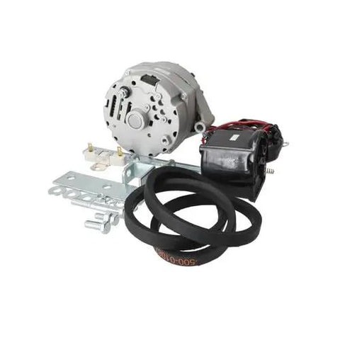 Tough As Nails Alternator Conversion Kit With 63 Amp Delco Style Output, parts including alternator, bracket, and belts for Ford tractors.