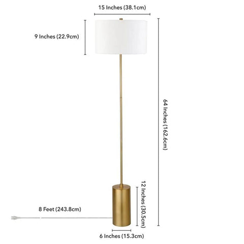 64 Inch Tall Floor Lamp With Brass Finish And White Linen Drum Shade Dope Modern Home Lighting For Living Room Or Bedroom Compatible With Incandescent LED CFL Bulbs, showing full lamp dimensions.