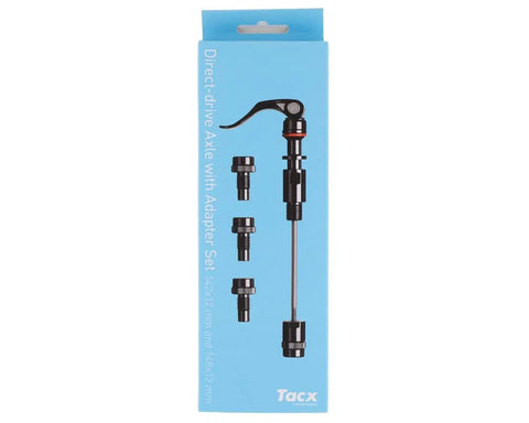 Package of Through Axis Adapter Kit for TacX Flux 2 Flux S and NEO Trainer showing components for 12mm thru axle setup.