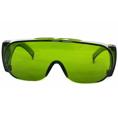 Top Tier Laser Safety Goggles With Wide Spectrum Filtering And Slick Polycarbonate Frames Built Tough For Heavy Duty Shop And Lab Tasks Featuring Antifog Sweat Guard And Zero Hassle Lens Clarity For Bench Repair And Precision Setup, green lens, front view.