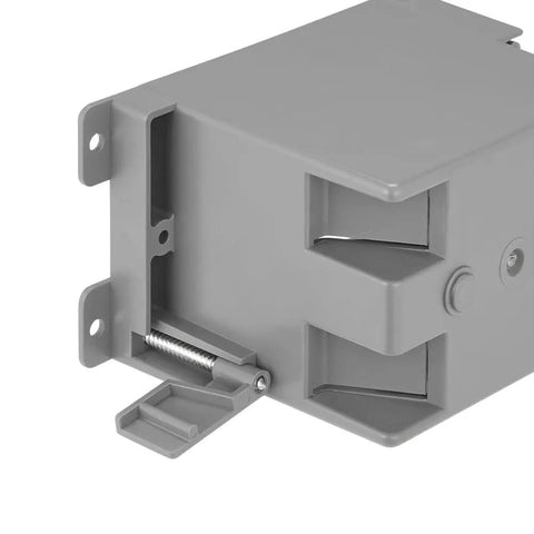 Close-up of One Gang 14 Cu In PVC Old Construction Electrical Switch And Outlet Junction Box, gray with visible tabs and screws.