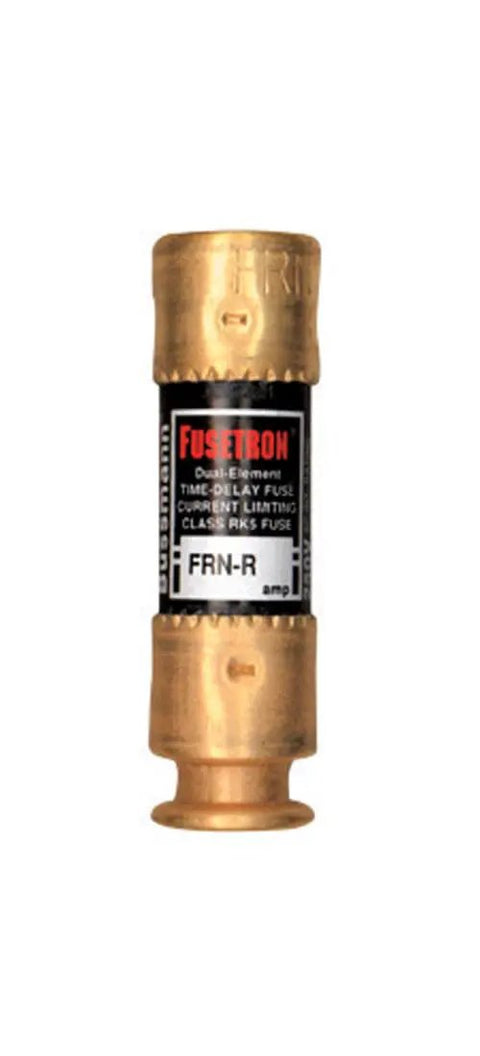 FRN-R Time Delay Dual Element Fuse Set For 30 Amp 250 Volt, copper fuse with black label showing specifications.