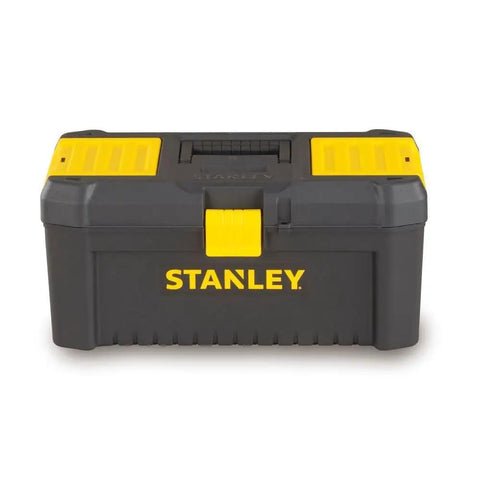 Front view of Essential 16 Inch Toolbox in Black and Yellow With Top Organizers, Handy Tool Tray And Side Access, Geometric Lock Latch, Pad Eye Lock.
