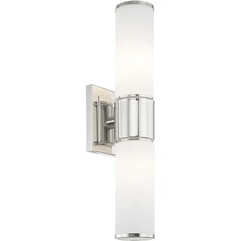 Transitional Two Light Wall Sconce and Bath Light in Polished Nickel Finish From Weston Collection with vertical opal glass design