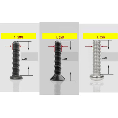 Side view of three 1.2mm 6mm screws from the 18 Piece Miniature Machine Screw Set With Countersunk And Round Head Screws In Clear Organizer Case For Laptop Repair Glasses And Watch Maintenance Everyday Precision Hardware Kit.