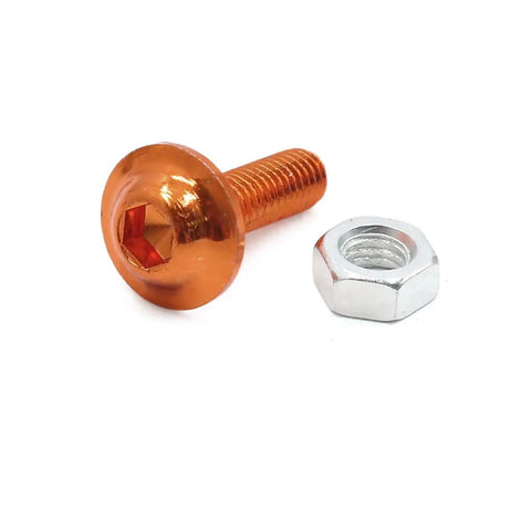 Close-up of orange aluminum alloy M6 hex socket head bolt and nut for motorcycle customization, 20mm length, 6mm thread