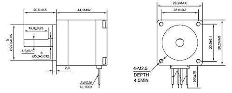 NEMA 11 bipolar stepper motor technical drawing with front and side views and 4 leads.