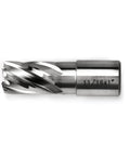 Side view of 11/16x1 annular cutter, metal finish with helical cutting flutes