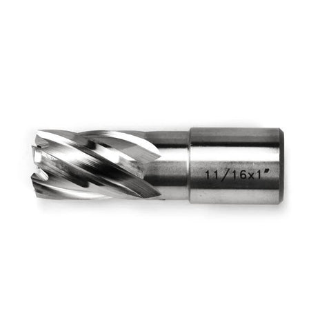 Side view of 11/16x1 annular cutter, metal finish with helical cutting flutes