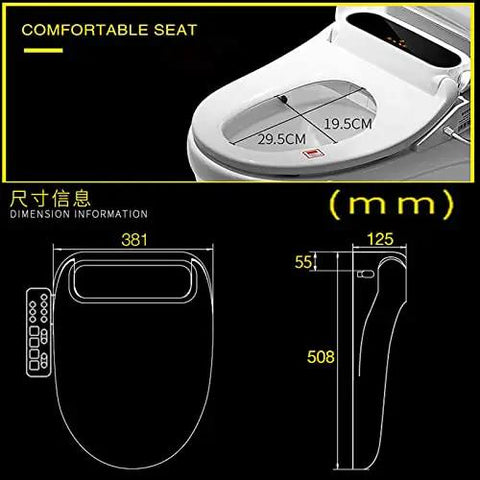 Smooth As Silk Electric Bidet Toilet Seat dimensions showing comfortable seat size and control panel for easy use.