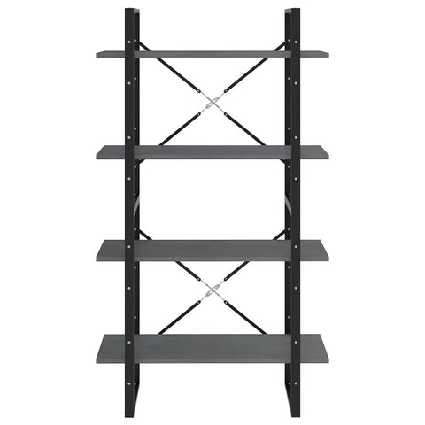 Front view of 4 Tier Solid Pine Wood Book Cabinet In Gray, showcasing sturdy industrial design with four spacious shelves.