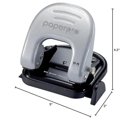 EZ Squeeze Reduced Effort Two Hole Punch For Home Office With No Jam Technology, shown with measurements and metal body