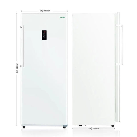 14 Cubic Foot Upright Freezer Refrigerator In Stainless Steel, Convertible Frost Free Cabinet showing dimensions and design.