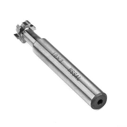 10mm diameter, 6-flute HSS T-slot end mill cutter with 3mm slot depth, 6mm shank, 65mm overall length
