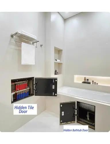 Heavy Duty Concealed Pivot Hinge For Invisible Doors And Tile Access Panels Stainless Steel hidden tile door in modern bathroom.