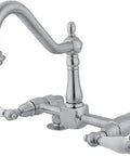 Heritage Two-Handle Bridge Kitchen Faucet In Polished Chrome With Swivel Spout, 10-Inch Projection, Side View
