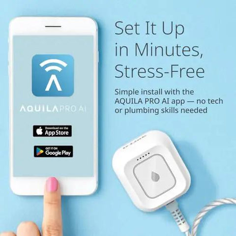 Smart WiFi Water Leak Detector Starter Kit With Two Sensors 100 dB Alarm App Alerts LED Strobe No Hub Needed Works With Google shown with a smartphone app