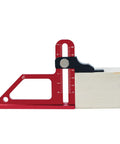 Rock Solid Aluminum Height Gauge And Table Saw Push Block With Dead On 0 To 60 Millimeter Adjustment, Integrated Metric And Imperial Scale, Heavy Duty Cutting Guide For Routers And Drill Presses, showing depth adjustment on a wooden board.