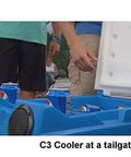 Remote Controlled Rolling Beer Cooler Roto Molded Drink Chiller Rechargeable Motor Holds Thirty Cans And Ice at tailgate party.