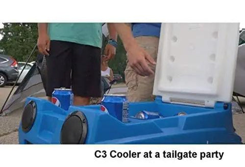 Remote Controlled Rolling Beer Cooler Roto Molded Drink Chiller Rechargeable Motor Holds Thirty Cans And Ice at tailgate party.