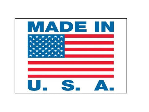 Image of a 'Made in USA' sticker featuring the American flag in red, white, and blue colors.