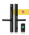 Badass Waterproof Outdoor Smart Electronic Door Lock With Slick Fingerprint App Code And Keyless Entry Designed For Hella Secure Aluminum Gates And Heavy Duty Iron Doors side view with handles and smartphone.