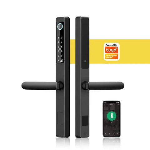 Badass Waterproof Outdoor Smart Electronic Door Lock With Slick Fingerprint App Code And Keyless Entry Designed For Hella Secure Aluminum Gates And Heavy Duty Iron Doors side view with handles and smartphone.