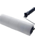 Slick 13mm Spiked Paint Roller With Ergonomic Plastic Handle For No Sweat Bubble Removal And Crisp Wall Prep. White spiked roller on handle.