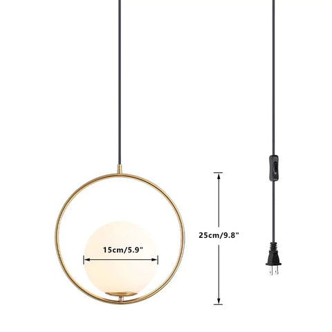 Plug In Globe Pendant Light Fixture With White Glass Ball And Brushed Brass Ring, dimensions label, black plug and cord