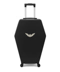 Black coffin shaped carry on luggage with lock, 26.5 inch gothic hard shell spinner suitcase, horror casket travel case with bat emblem.