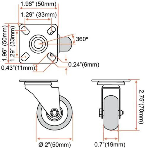 Diagram of 8 Pack Swivel Plate Casters With Red Polyurethane Wheels 2 Inch Diameter Plate 50mm Hole Center 33mm Locking Brakes Optional