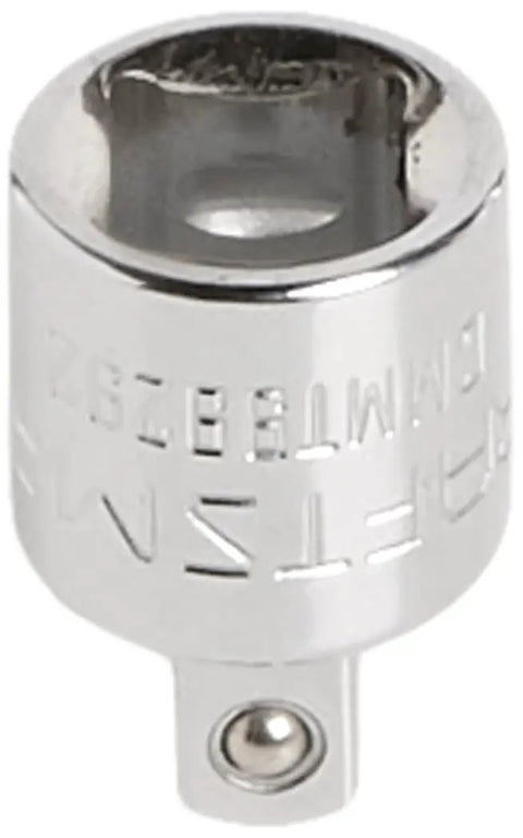 Three Eighths To One Quarter Socket Adapter For Three Eighths Drive, Female To Male, Chrome Finish, corrosion resistant, close-up view