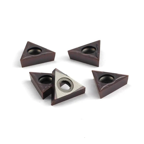 Pro Grade Carbide Turning Inserts For Lathe TCMT16T304, 60 Degree Diamond, close-up view of 5 pieces, 16.5mm cut length, 9.525mm hole