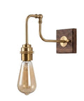 Vintage Brass Wall Sconce, Industrial Wood Light Fixture with adjustable brass arm and walnut wood base.
