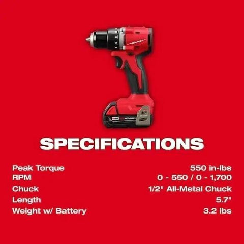 Badass Half Inch Brushless Compact Drill Driver Kit With An All Metal Gear Housing And Slick Chuck Handle Built Different For Heavy Duty Job Site Grunt Work specifications on red background.