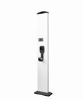 Kickass EV Charger Station Box And Cable Keeper, vertical white aluminum stand with charging cord holder for outdoor use.