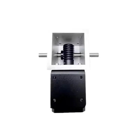 Compact 42 Stepper Motor Packed With An Ultra Quiet Worm Gear Reducer One X Twenty Ratio, aluminum and black housing, top view.