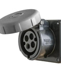 Heavy Duty IEC Pin Sleeve Receptacle 3 Pole 4 Wire 30 Amp 600V Watertight Black Screw Mount Three Phase Delta Power Outlet with cover open.